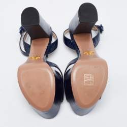 Pre Owned Prada Navy Blue Vernice Saffiano Leather Platform Block Heel Ankle Strap Sandals Size 37.5