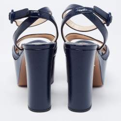 Pre Owned Prada Navy Blue Vernice Saffiano Leather Platform Block Heel Ankle Strap Sandals Size 37.5
