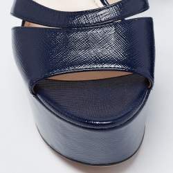 Pre Owned Prada Navy Blue Vernice Saffiano Leather Platform Block Heel Ankle Strap Sandals Size 37.5