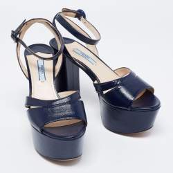 Pre Owned Prada Navy Blue Vernice Saffiano Leather Platform Block Heel Ankle Strap Sandals Size 37.5