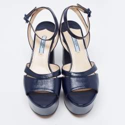 Pre Owned Prada Navy Blue Vernice Saffiano Leather Platform Block Heel Ankle Strap Sandals Size 37.5
