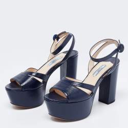 Pre Owned Prada Navy Blue Vernice Saffiano Leather Platform Block Heel Ankle Strap Sandals Size 37.5