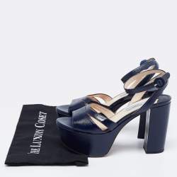 Pre Owned Prada Navy Blue Vernice Saffiano Leather Platform Block Heel Ankle Strap Sandals Size 37.5