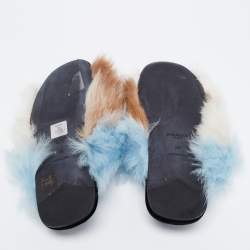Prada Blue/Brown Fur Flat Sandals Size 38