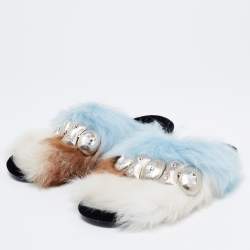Prada Blue/Brown Fur Flat Sandals Size 38