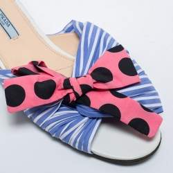Prada Blue/Pink Fabric Stripe Printed And Polka Dot Bow Detail Slide Sandals Size 41