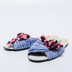Prada Blue/Pink Fabric Stripe Printed And Polka Dot Bow Detail Slide Sandals Size 41