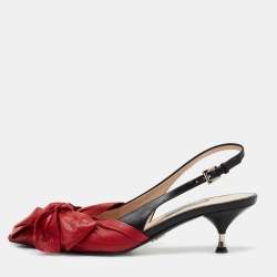 Prada Red/Black Pleated Leather Bow Slingback Pumps Size 36