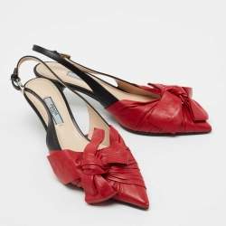 Prada Red/Black Pleated Leather Bow Slingback Pumps Size 36