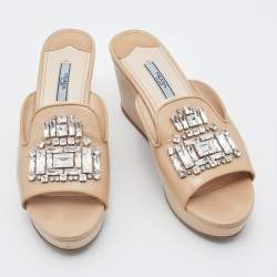 Pre Owned Prada Beige Saffiano Patent Leather Crystal Embellished Platform Wedge Sandals Size 39