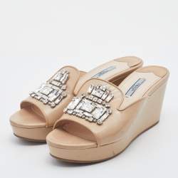 Pre Owned Prada Beige Saffiano Patent Leather Crystal Embellished Platform Wedge Sandals Size 39