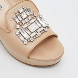 Pre Owned Prada Beige Saffiano Patent Leather Crystal Embellished Platform Wedge Sandals Size 39