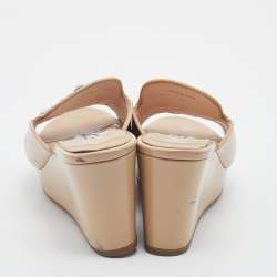 Pre Owned Prada Beige Saffiano Patent Leather Crystal Embellished Platform Wedge Sandals Size 39