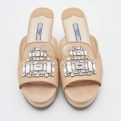 Pre Owned Prada Beige Saffiano Patent Leather Crystal Embellished Platform Wedge Sandals Size 39