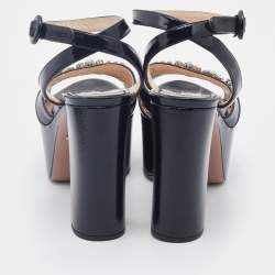 Prada Black Saffiano Patent Leather Crystal Embellished Ankle Strap Platform Sandals Size 39