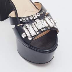 Prada Black Saffiano Patent Leather Crystal Embellished Ankle Strap Platform Sandals Size 39