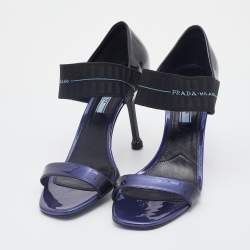 Prada Purple/Black Patent Leather Logo Elastic Ankle Strap Sandals Size 39.5