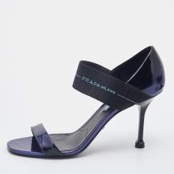 Prada Purple/Black Patent Leather Logo Elastic Ankle Strap Sandals Size 39.5