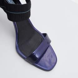 Prada Purple/Black Patent Leather Logo Elastic Ankle Strap Sandals Size 39.5