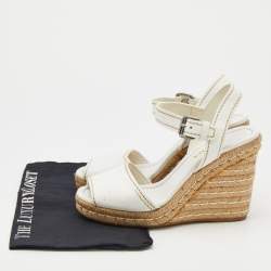 Pre Owned Prada White Leather Espadrille Platform Wedge Ankle Strap Sandals Size 39.5