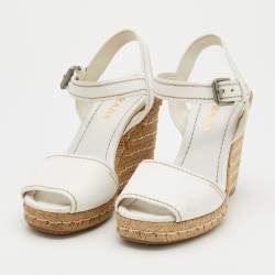 Pre Owned Prada White Leather Espadrille Platform Wedge Ankle Strap Sandals Size 39.5
