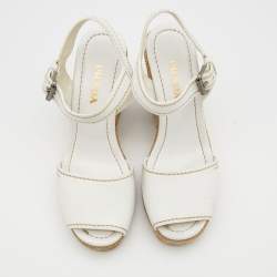 Pre Owned Prada White Leather Espadrille Platform Wedge Ankle Strap Sandals Size 39.5