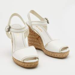 Pre Owned Prada White Leather Espadrille Platform Wedge Ankle Strap Sandals Size 39.5
