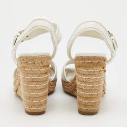 Pre Owned Prada White Leather Espadrille Platform Wedge Ankle Strap Sandals Size 39.5