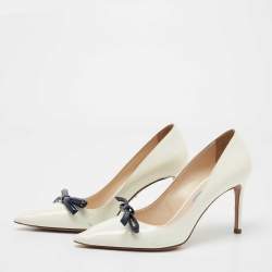 Pre Owned Prada Off-White/Navy Blue Patent Leather Bow Pointed Toe Pumps Size 37