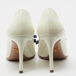 Pre Owned Prada Off-White/Navy Blue Patent Leather Bow Pointed Toe Pumps Size 37