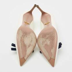 Pre Owned Prada Off-White/Navy Blue Patent Leather Bow Pointed Toe Pumps Size 37