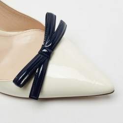 Pre Owned Prada Off-White/Navy Blue Patent Leather Bow Pointed Toe Pumps Size 37