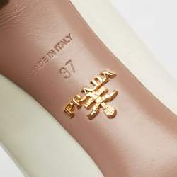 Pre Owned Prada Off-White/Navy Blue Patent Leather Bow Pointed Toe Pumps Size 37