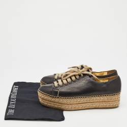 Prada Black Leather Platform Espadrille Lace Up Sneakers Size 38.5