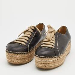 Prada Black Leather Platform Espadrille Lace Up Sneakers Size 38.5