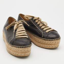 Prada Black Leather Platform Espadrille Lace Up Sneakers Size 38.5
