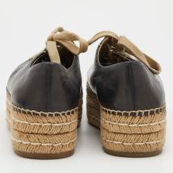 Prada Black Leather Platform Espadrille Lace Up Sneakers Size 38.5