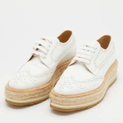Pre Owned Prada White Leather Brogue Leather Wave Wingtip Platform Derby Sneakers Size 37.5