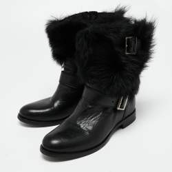 Pre Owned Prada Black Leather And Fur Ankle Length Boots Size 36