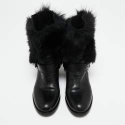 Pre Owned Prada Black Leather And Fur Ankle Length Boots Size 36