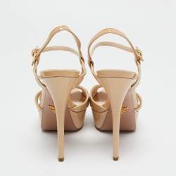 Prada Beige Patent Leather Platform Ankle Strap Sandals Size 38.5