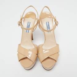 Prada Beige Patent Leather Platform Ankle Strap Sandals Size 38.5