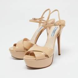 Prada Beige Patent Leather Platform Ankle Strap Sandals Size 38.5