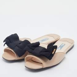 Pre Owned Prada Beige/Black Patent Leather And Fabric Bow Flat Slide Sandals Size 38.5