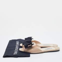 Pre Owned Prada Beige/Black Patent Leather And Fabric Bow Flat Slide Sandals Size 38.5