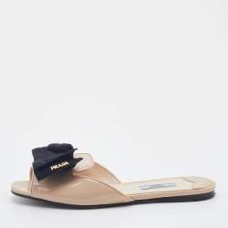 Prada Beige/Black Patent Leather And Fabric Bow Flat Slide Sandals Size   Prada | TLC