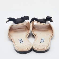 Pre Owned Prada Beige/Black Patent Leather And Fabric Bow Flat Slide Sandals Size 38.5