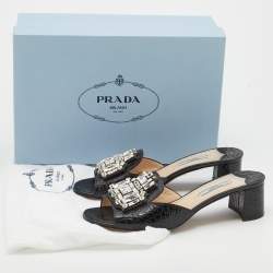 Pre Owned Prada Black Croc Embossed Leather Crystal Embellished Slide Sandals Size 38