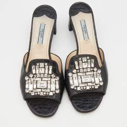 Pre Owned Prada Black Croc Embossed Leather Crystal Embellished Slide Sandals Size 38