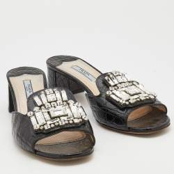 Pre Owned Prada Black Croc Embossed Leather Crystal Embellished Slide Sandals Size 38